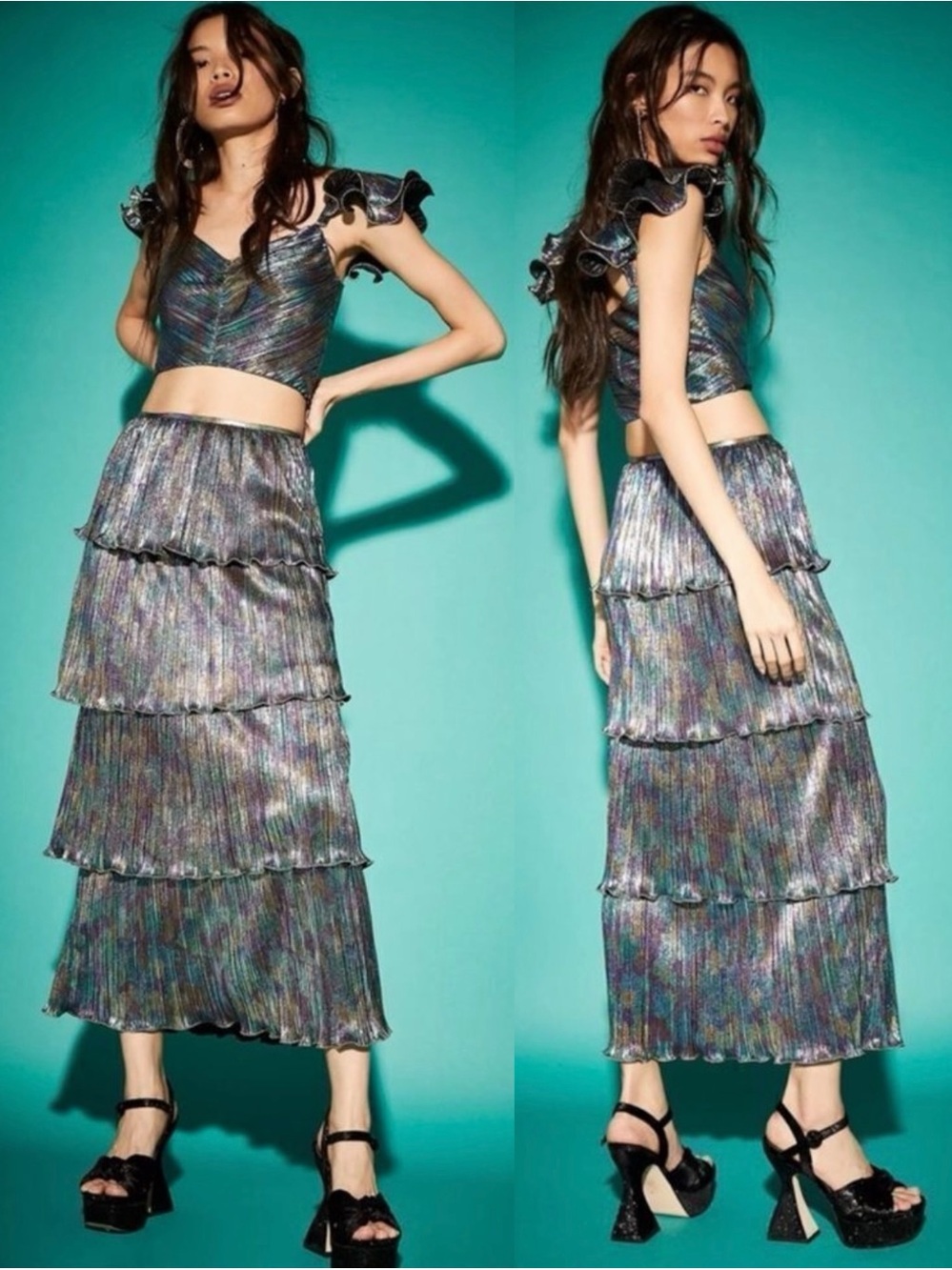 NWT Free People x Saylor Gianna Metallic Skirt Set Black Combo Medium